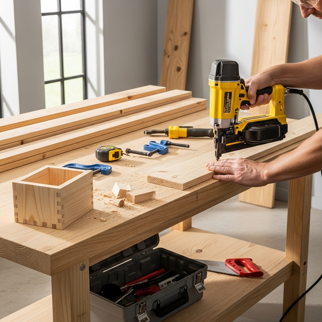 Visually represent the woodworking and DIY tool theme in a bright, modern, and relatable setting —