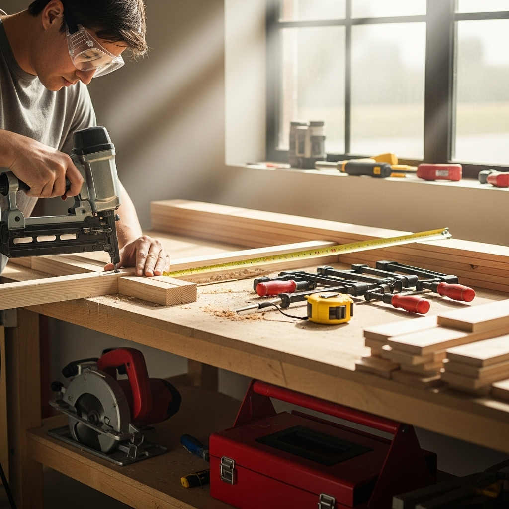 Visually represent the woodworking and DIY tool theme in a bright, modern, and relatable setting —