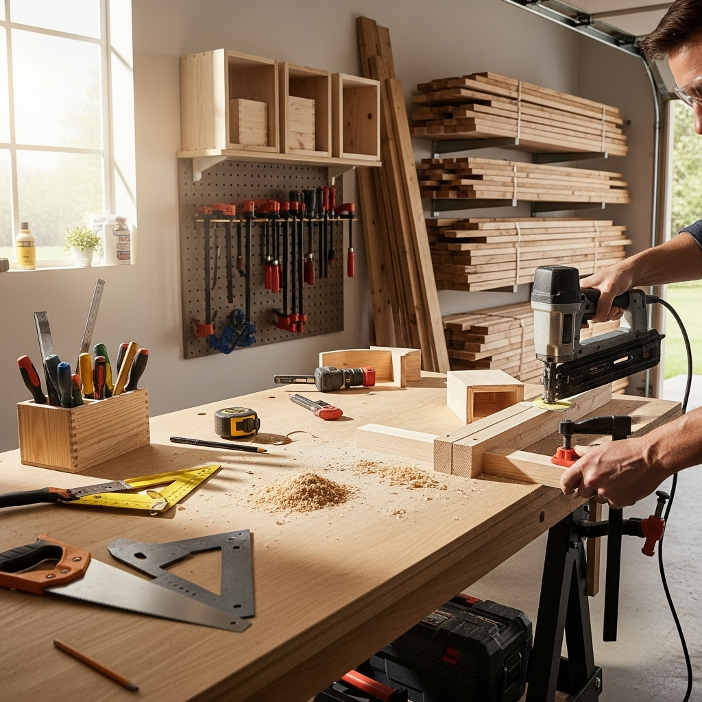 Visually represent the woodworking and DIY tool theme in a bright, modern, and relatable setting —