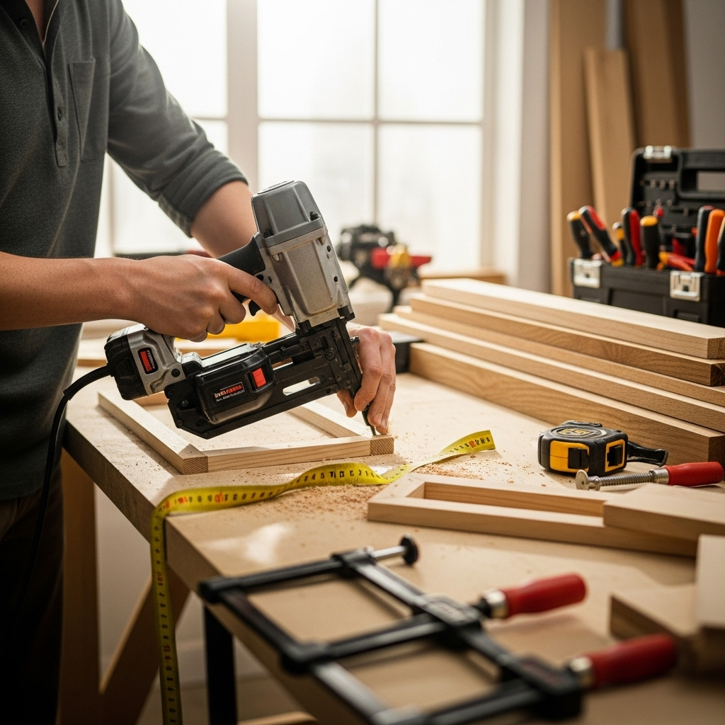 Visually represent the woodworking and DIY tool theme in a bright, modern, and relatable setting —