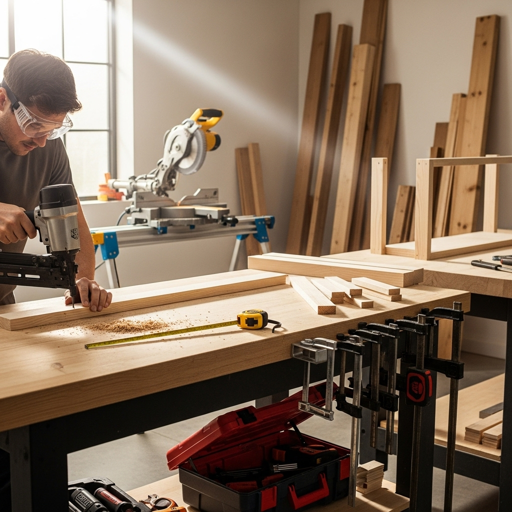 Visually represent the woodworking and DIY tool theme in a bright, modern, and relatable setting —