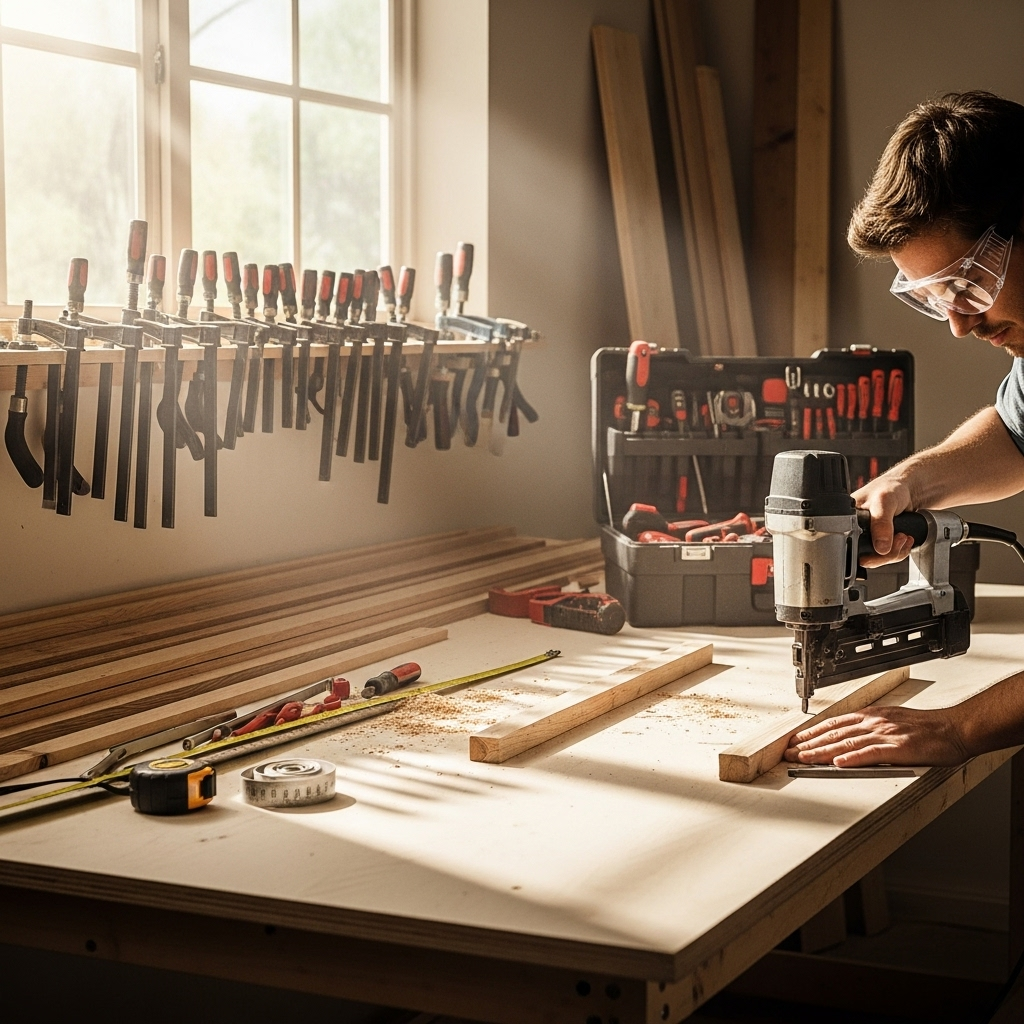 Visually represent the woodworking and DIY tool theme in a bright, modern, and relatable setting —