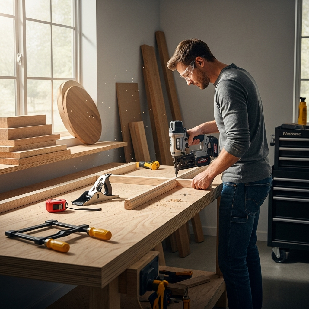 Visually represent the woodworking and DIY tool theme in a bright, modern, and relatable setting —