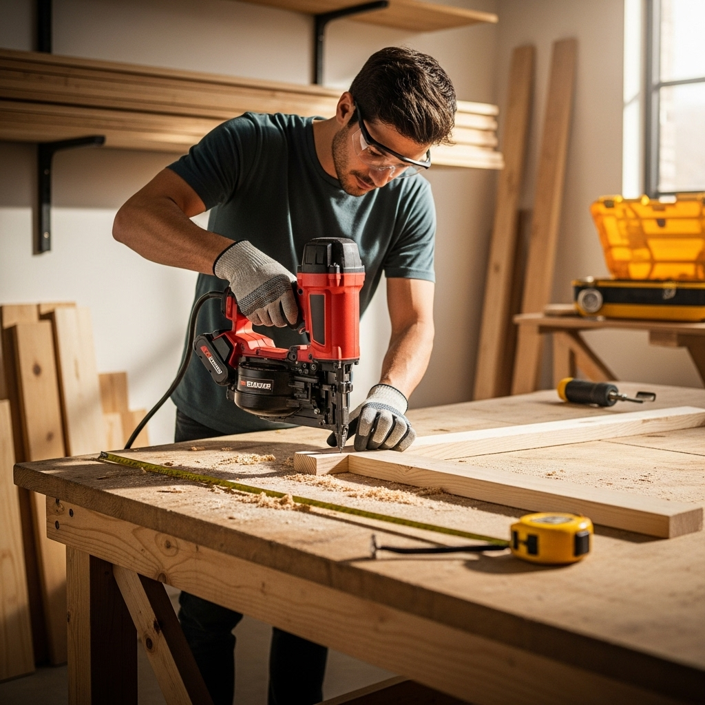 Visually represent the woodworking and DIY tool theme in a bright, modern, and relatable setting —