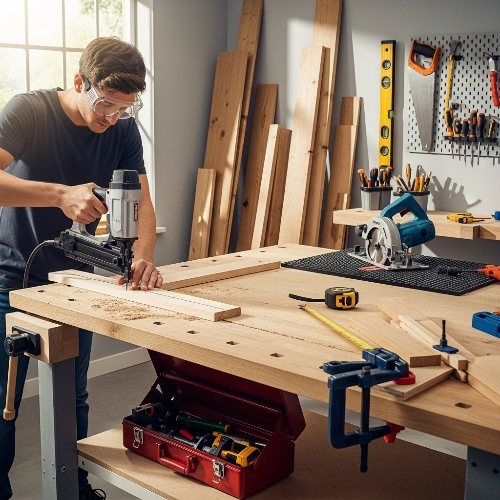 Visually represent the woodworking and DIY tool theme in a bright, modern, and relatable setting —