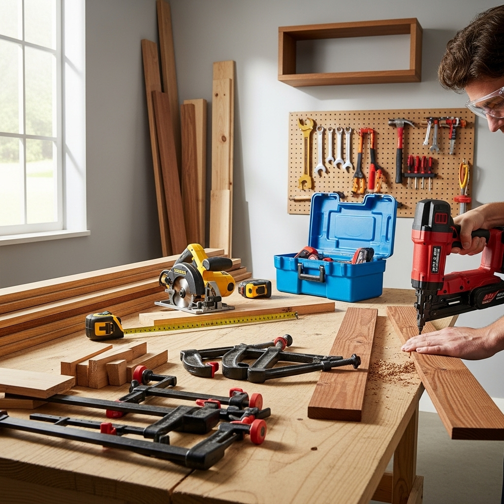 Visually represent the woodworking and DIY tool theme in a bright, modern, and relatable setting —