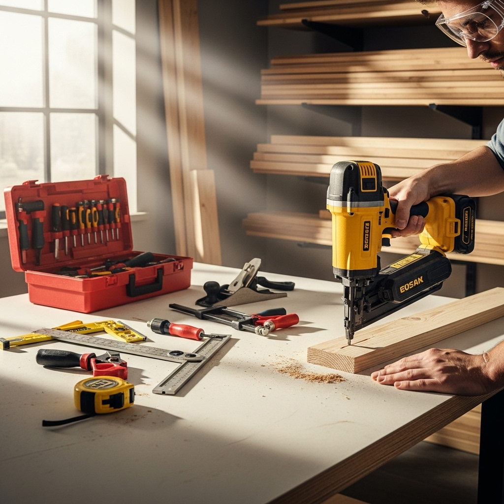 Visually represent the woodworking and DIY tool theme in a bright, modern, and relatable setting —
