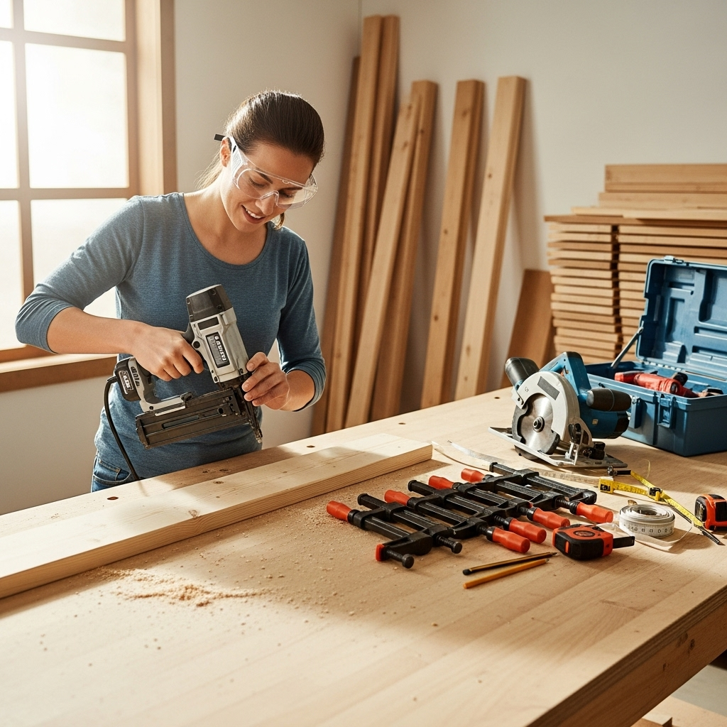 Visually represent the woodworking and DIY tool theme in a bright, modern, and relatable setting —