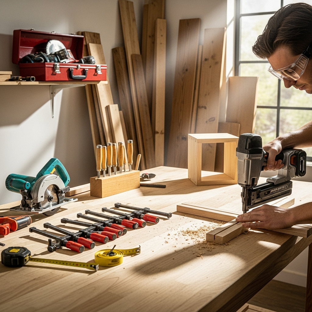 Visually represent the woodworking and DIY tool theme in a bright, modern, and relatable setting —