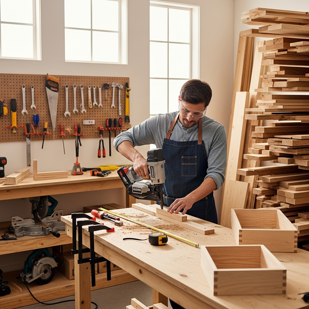 Visually represent the woodworking and DIY tool theme in a bright, modern, and relatable setting —