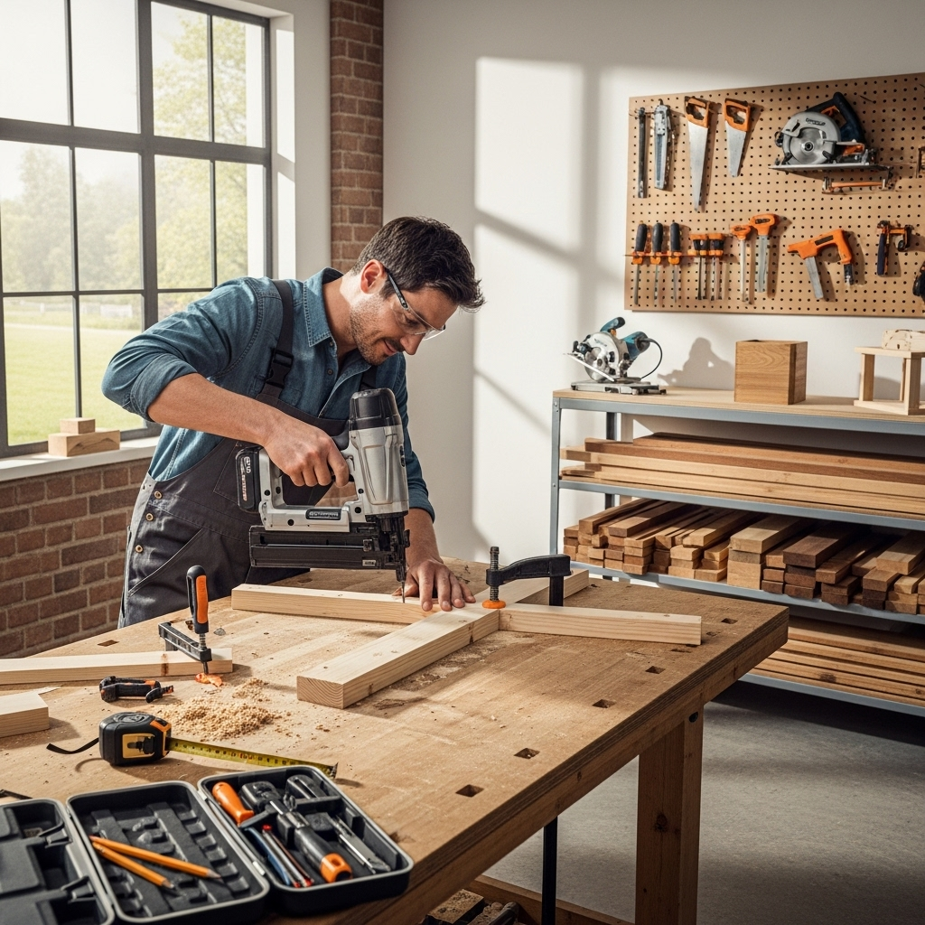 Visually represent the woodworking and DIY tool theme in a bright, modern, and relatable setting —