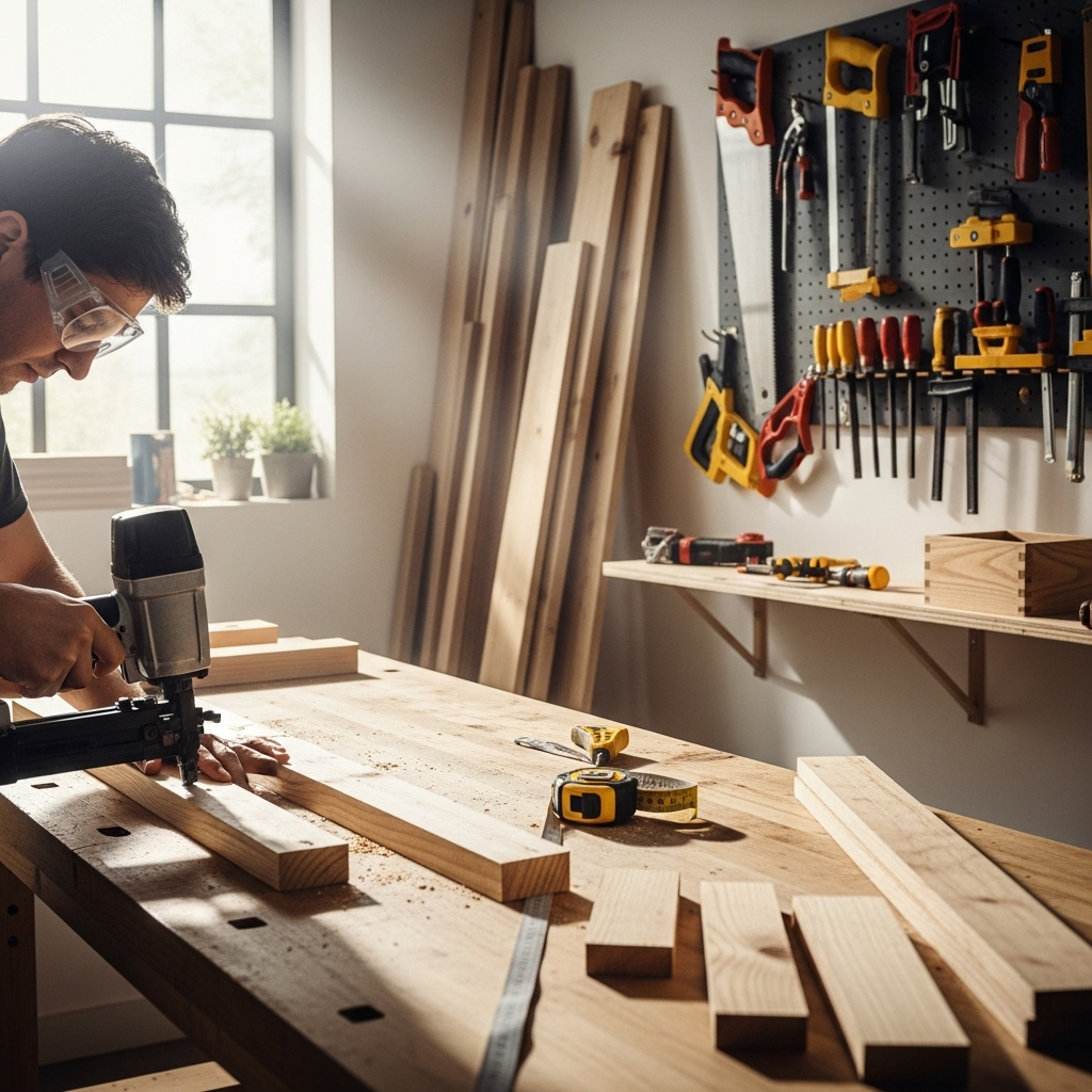Visually represent the woodworking and DIY tool theme in a bright, modern, and relatable setting —