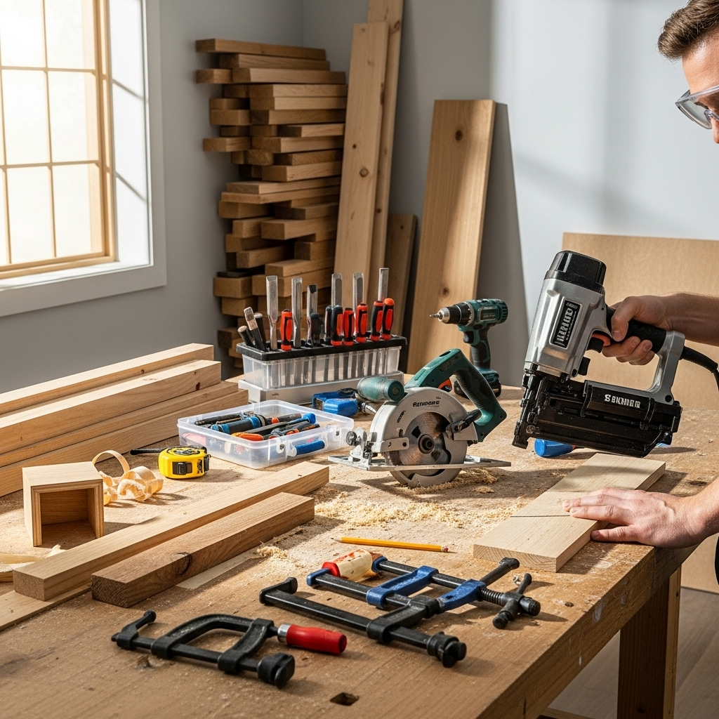 Visually represent the woodworking and DIY tool theme in a bright, modern, and relatable setting —
