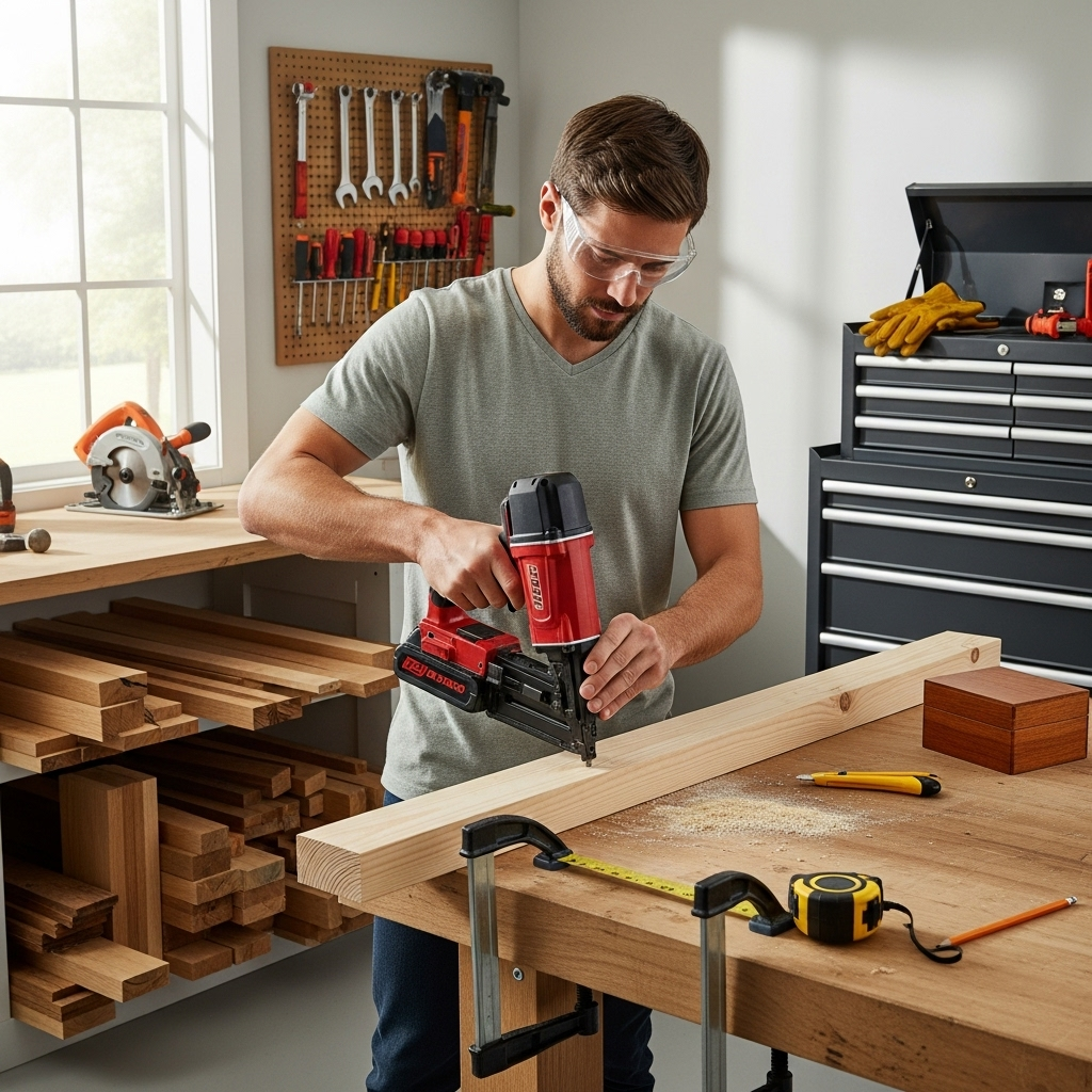 Visually represent the woodworking and DIY tool theme in a bright, modern, and relatable setting —
