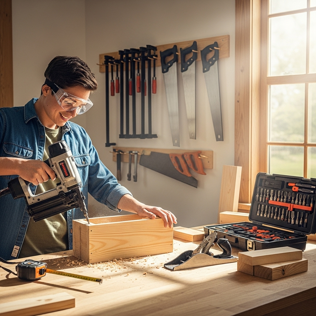 Visually represent the woodworking and DIY tool theme in a bright, modern, and relatable setting —