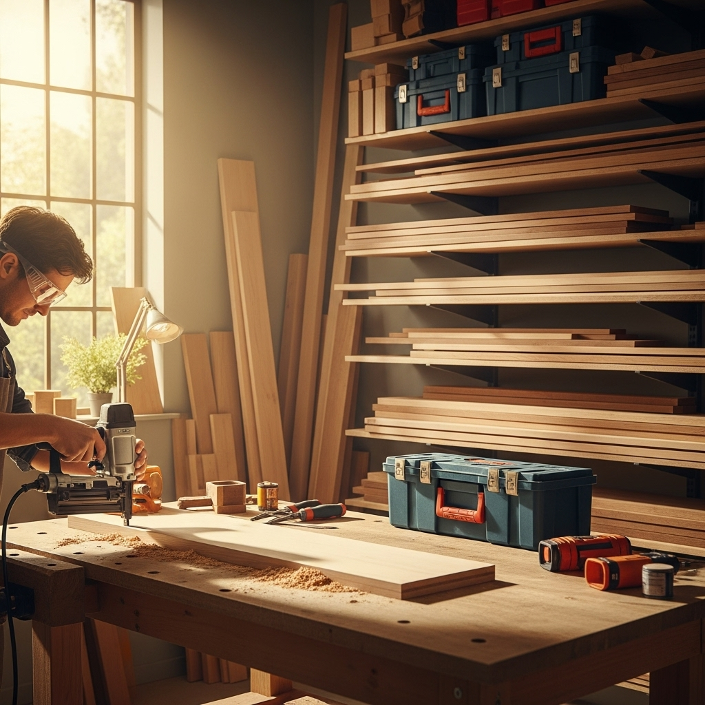 Visually represent the woodworking and DIY tool theme in a bright, modern, and relatable setting —