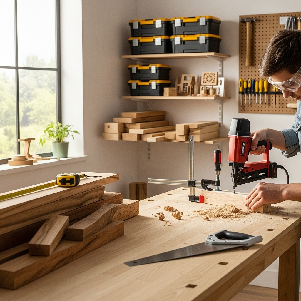 Visually represent the woodworking and DIY tool theme in a bright, modern, and relatable setting —