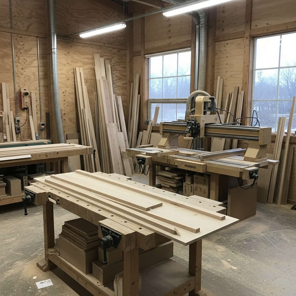 Visually represent the woodworking and DIY tool theme in a bright, modern, and relatable setting —