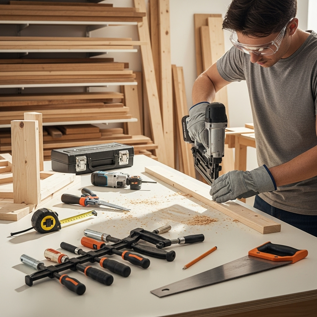 Visually represent the woodworking and DIY tool theme in a bright, modern, and relatable setting —