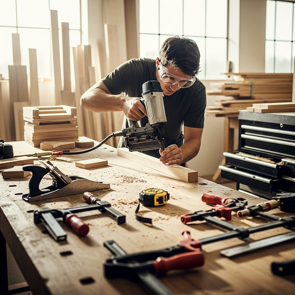 Visually represent the woodworking and DIY tool theme in a bright, modern, and relatable setting —