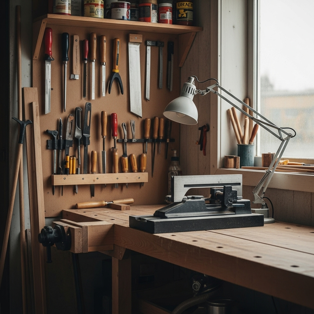 Visually represent the woodworking and DIY tool theme in a bright, modern, and relatable setting —