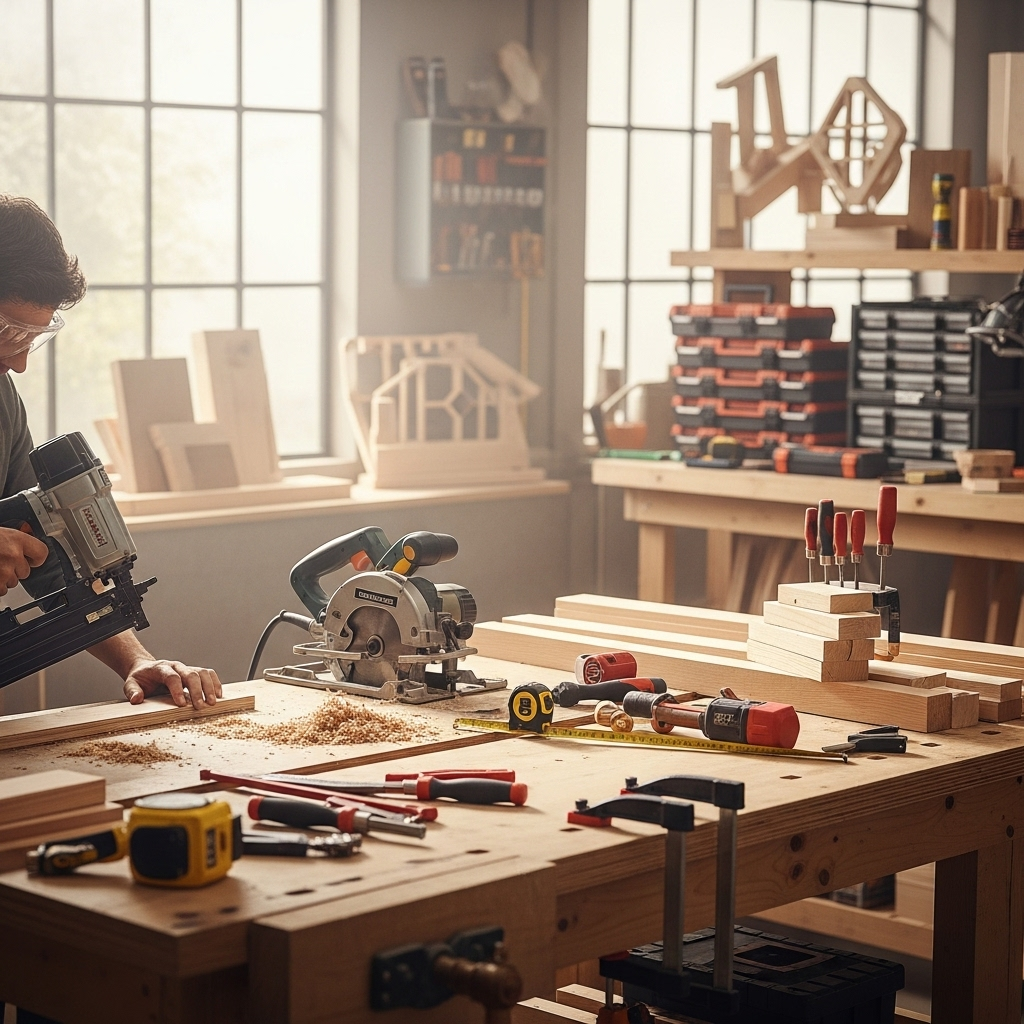 Visually represent the woodworking and DIY tool theme in a bright, modern, and relatable setting —