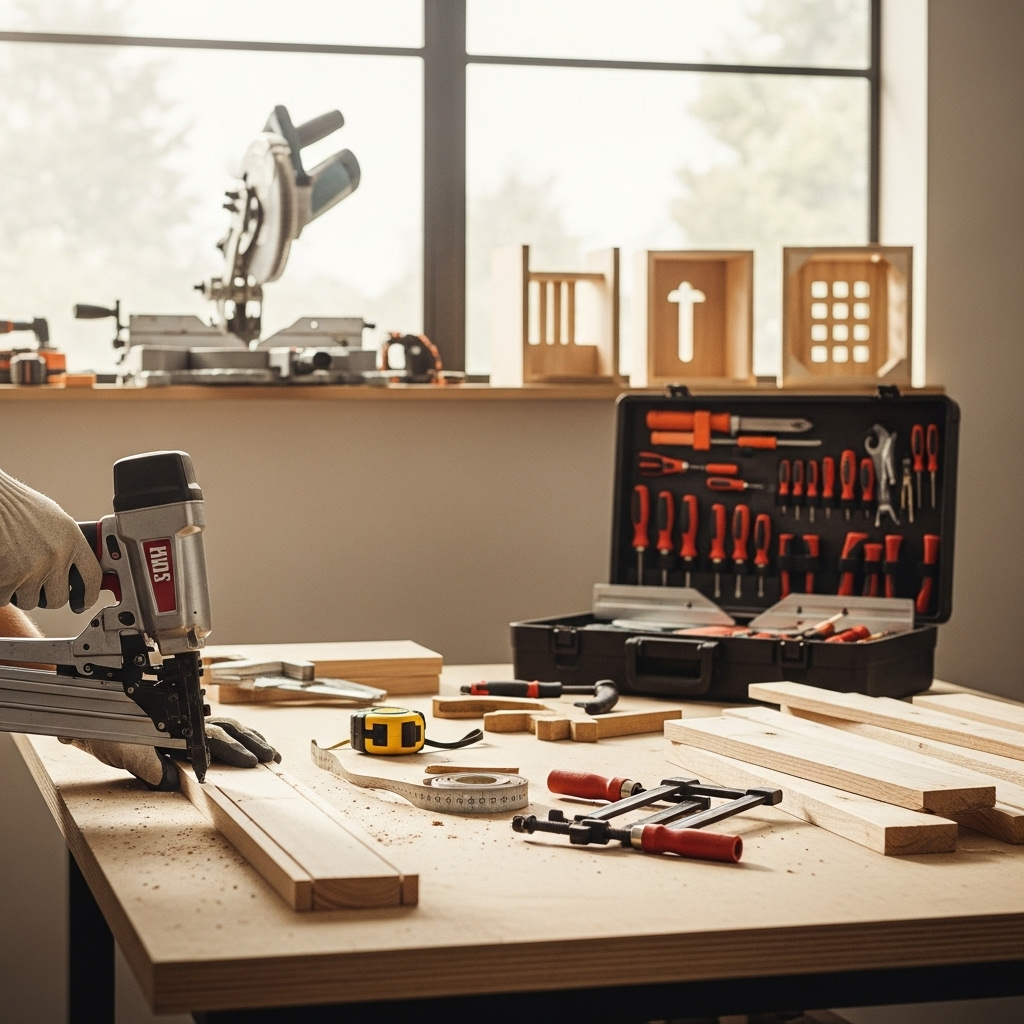 Visually represent the woodworking and DIY tool theme in a bright, modern, and relatable setting —
