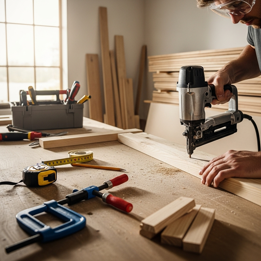 Visually represent the woodworking and DIY tool theme in a bright, modern, and relatable setting —