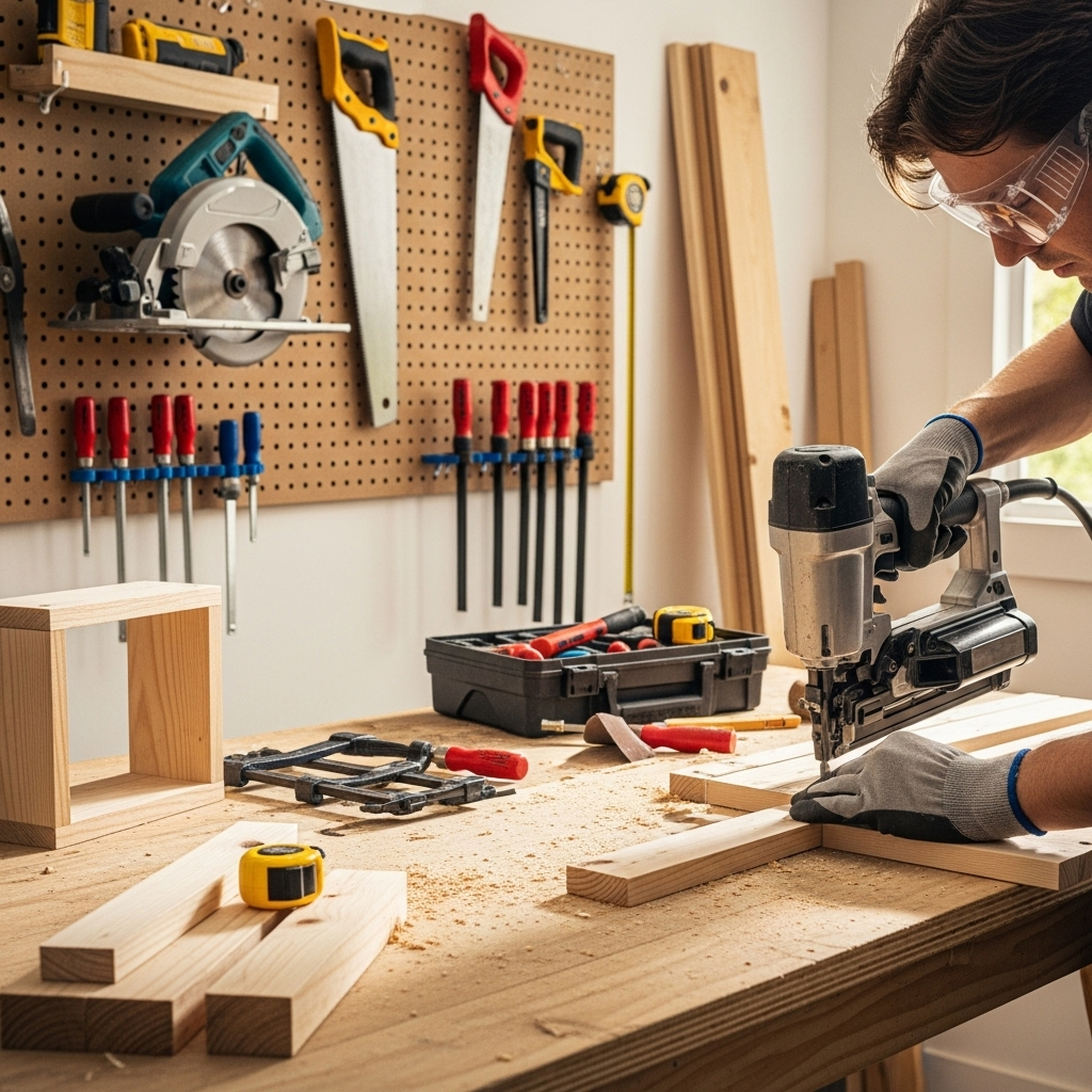 Visually represent the woodworking and DIY tool theme in a bright, modern, and relatable setting —