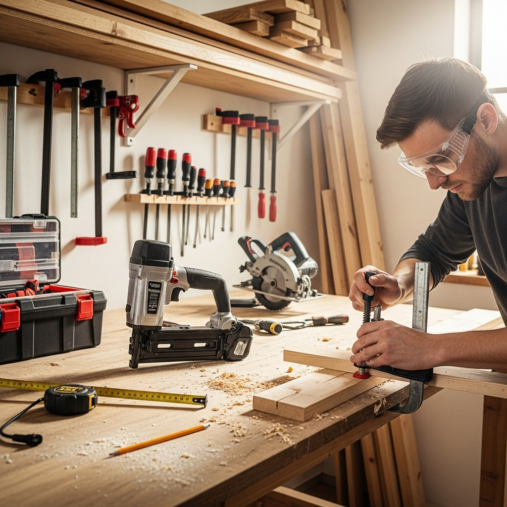 Visually represent the woodworking and DIY tool theme in a bright, modern, and relatable setting —
