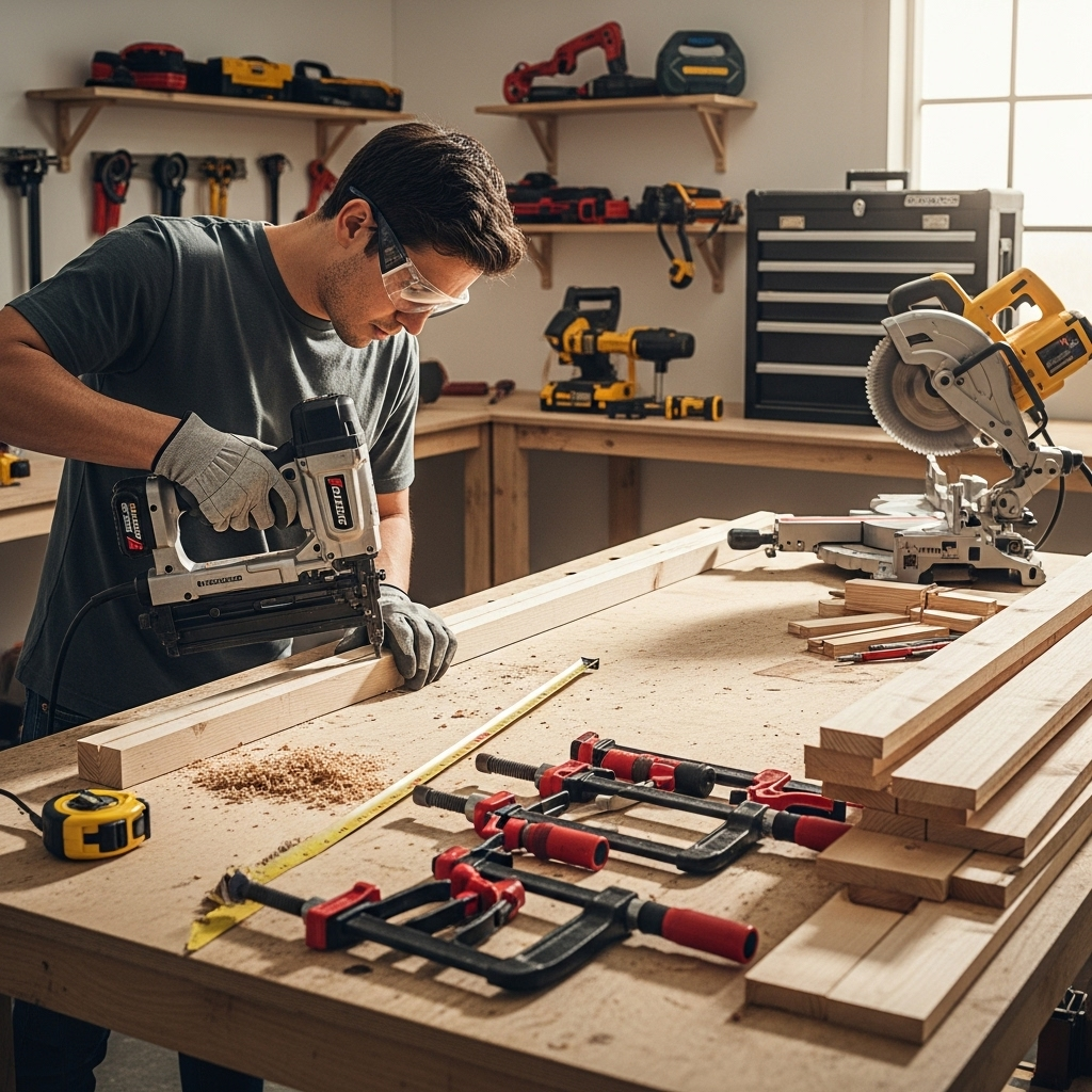 Visually represent the woodworking and DIY tool theme in a bright, modern, and relatable setting —