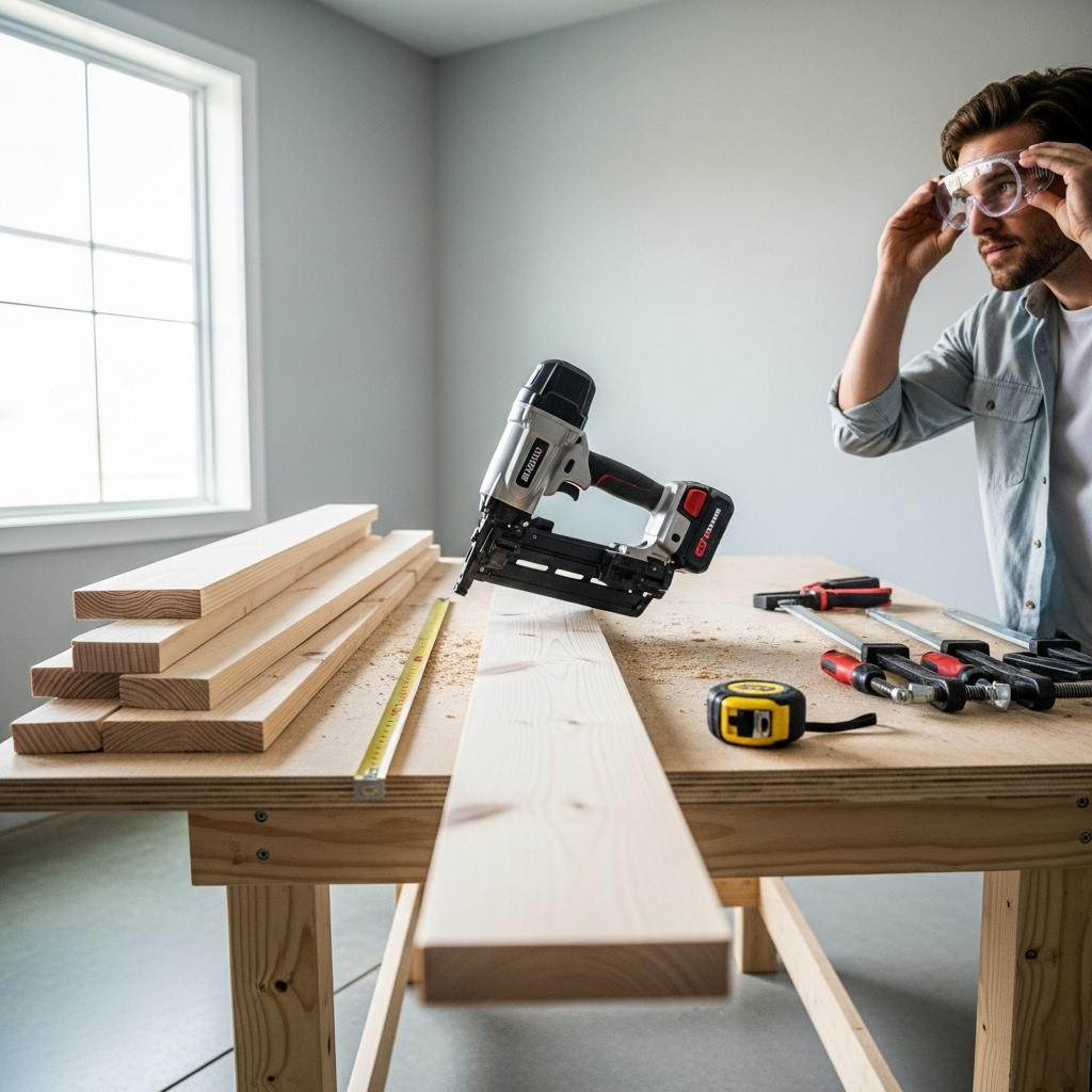 Visually represent the woodworking and DIY tool theme in a bright, modern, and relatable setting —