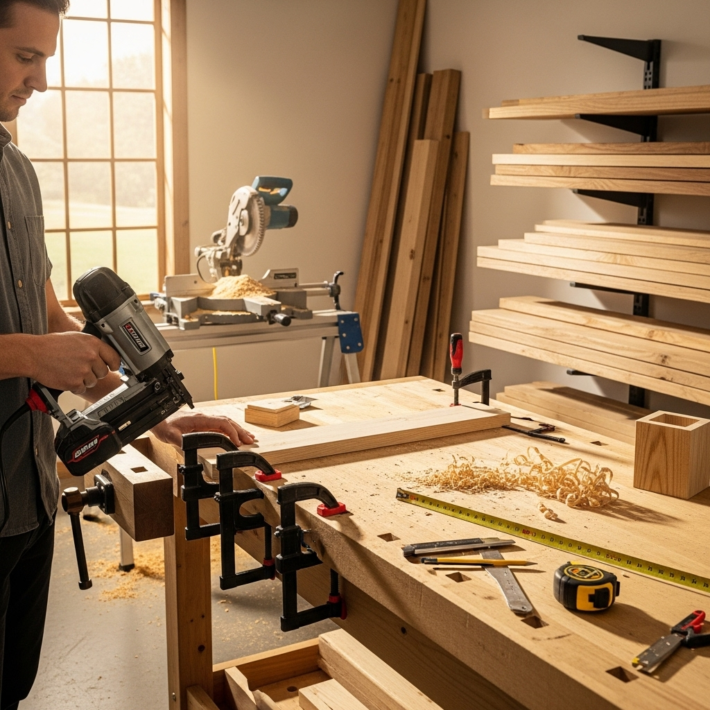 Visually represent the woodworking and DIY tool theme in a bright, modern, and relatable setting —