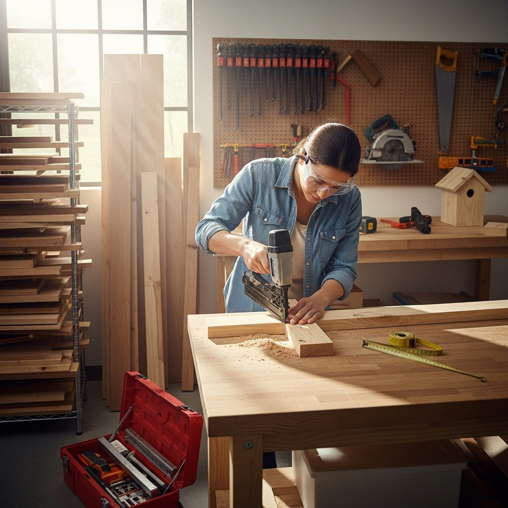 Visually represent the woodworking and DIY tool theme in a bright, modern, and relatable setting —
