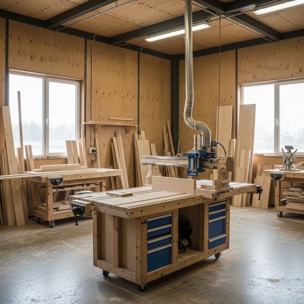 Visually represent the woodworking and DIY tool theme in a bright, modern, and relatable setting —