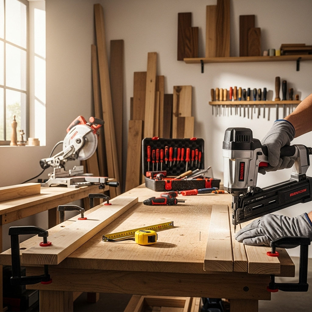 Visually represent the woodworking and DIY tool theme in a bright, modern, and relatable setting —