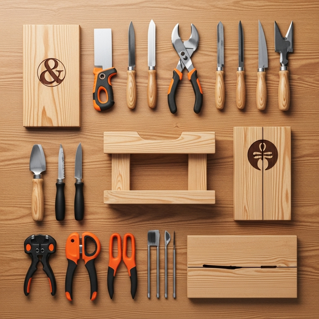 Visually represent the woodworking and DIY tool theme in a bright, modern, and relatable setting —
