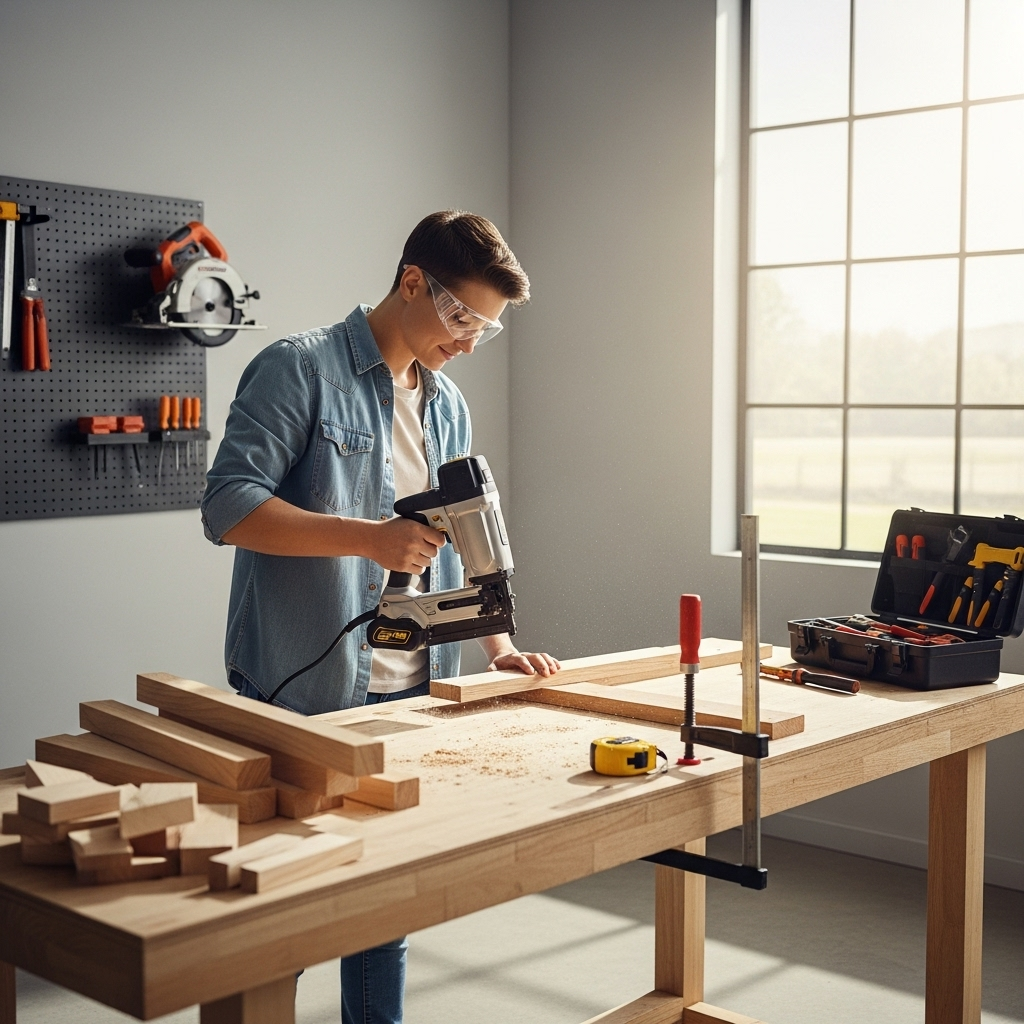 Visually represent the woodworking and DIY tool theme in a bright, modern, and relatable setting —