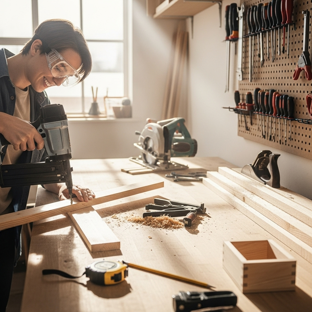 Visually represent the woodworking and DIY tool theme in a bright, modern, and relatable setting —