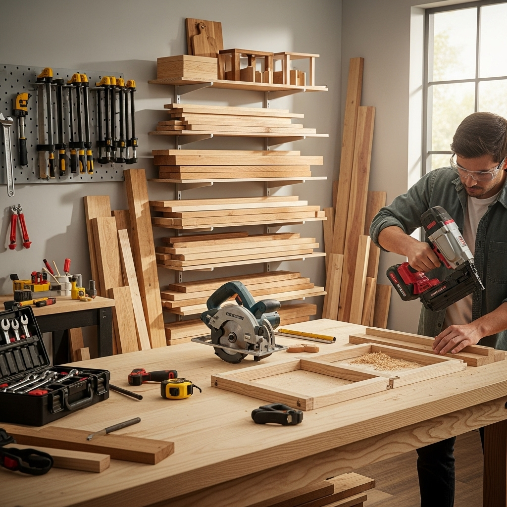 Visually represent the woodworking and DIY tool theme in a bright, modern, and relatable setting —