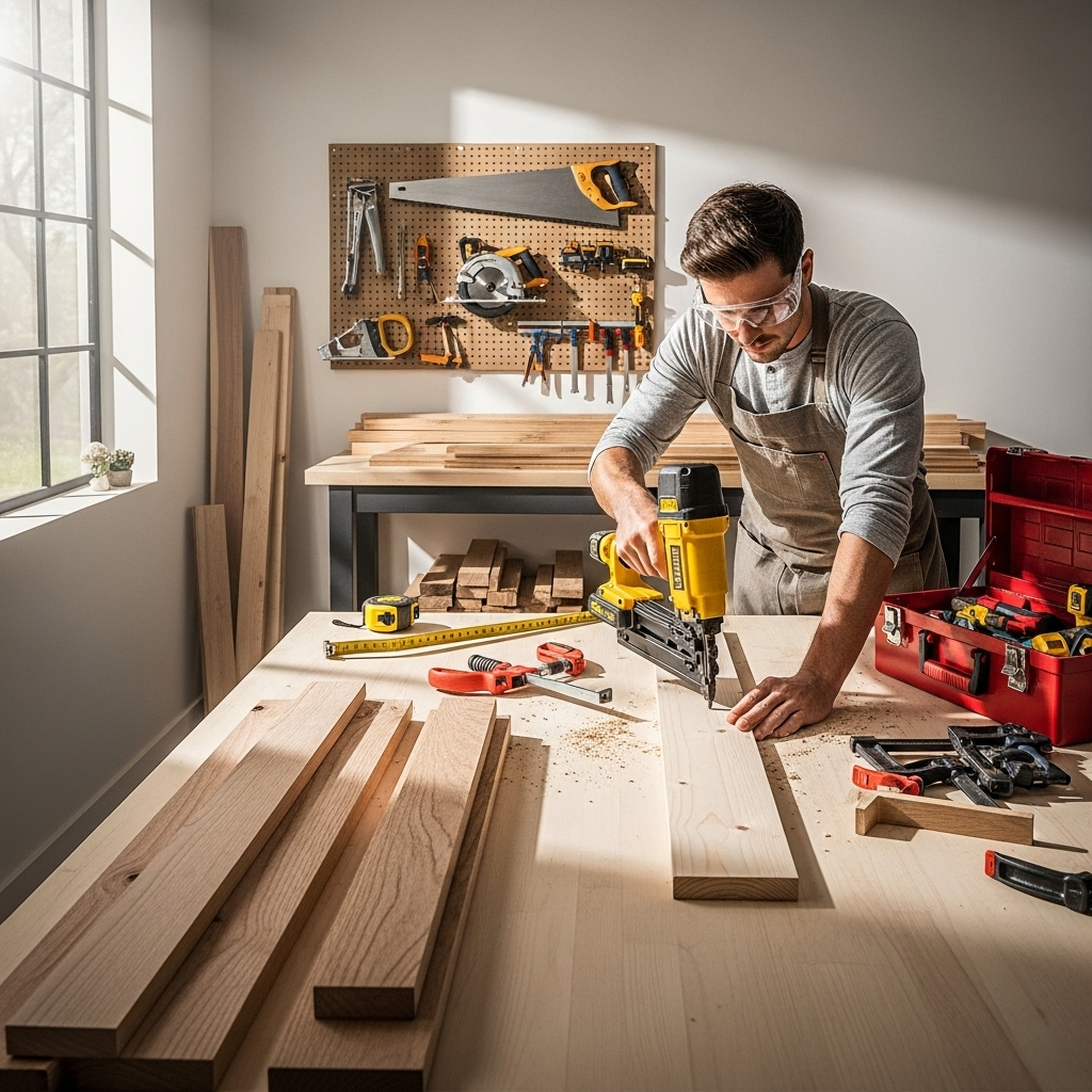 Visually represent the woodworking and DIY tool theme in a bright, modern, and relatable setting —
