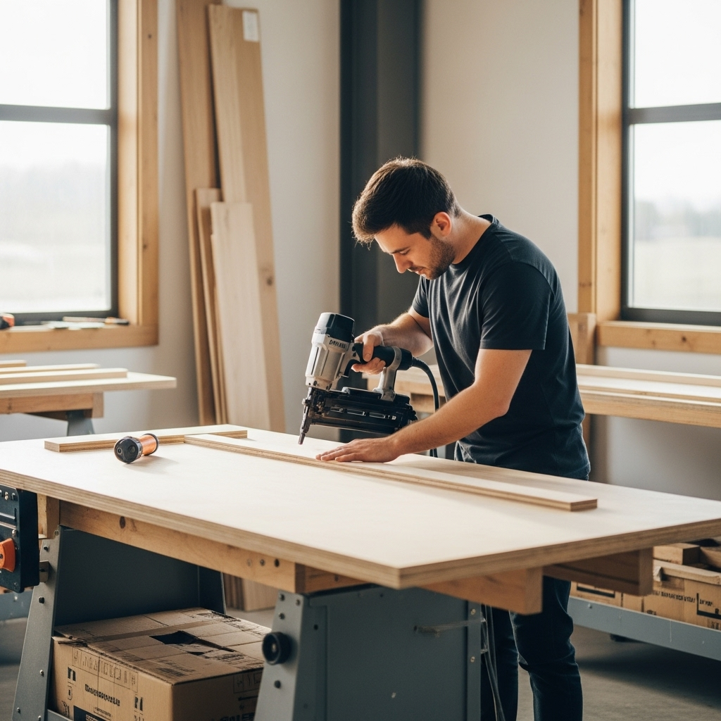Visually represent the woodworking and DIY tool theme in a bright, modern, and relatable setting —