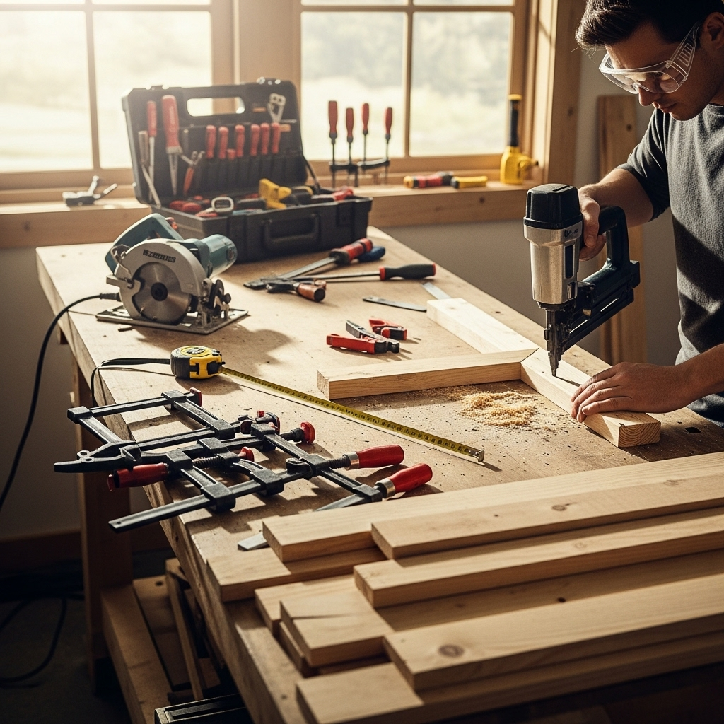 Visually represent the woodworking and DIY tool theme in a bright, modern, and relatable setting —
