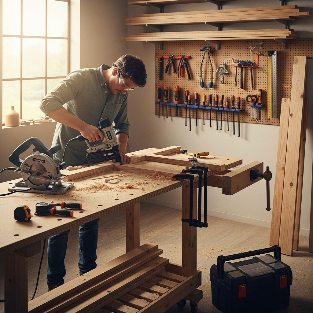 Visually represent the woodworking and DIY tool theme in a bright, modern, and relatable setting —