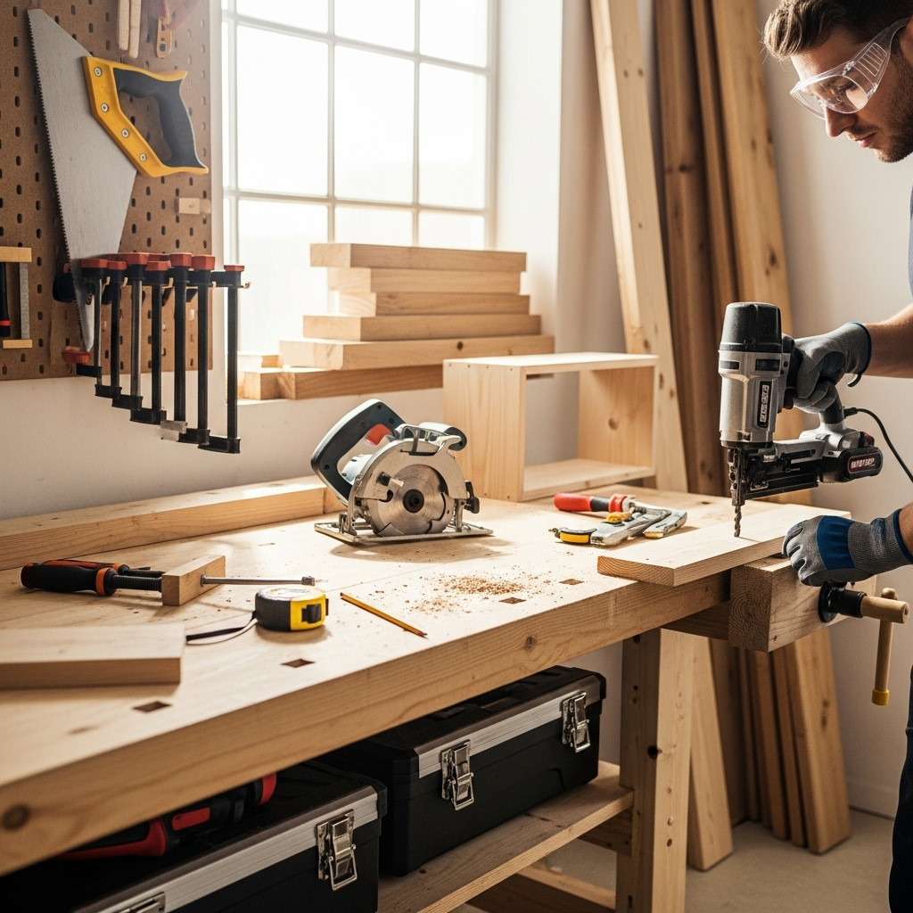 Visually represent the woodworking and DIY tool theme in a bright, modern, and relatable setting —