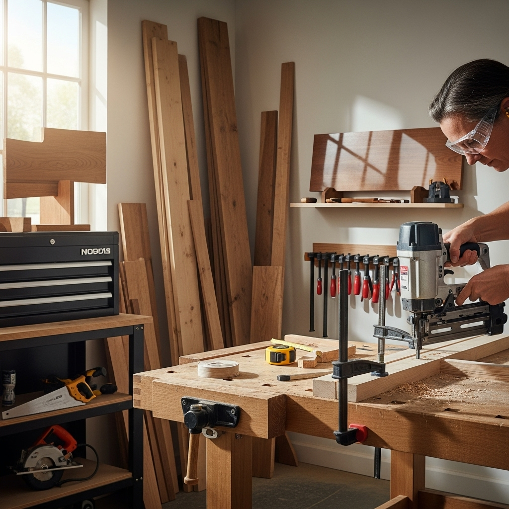 Visually represent the woodworking and DIY tool theme in a bright, modern, and relatable setting —