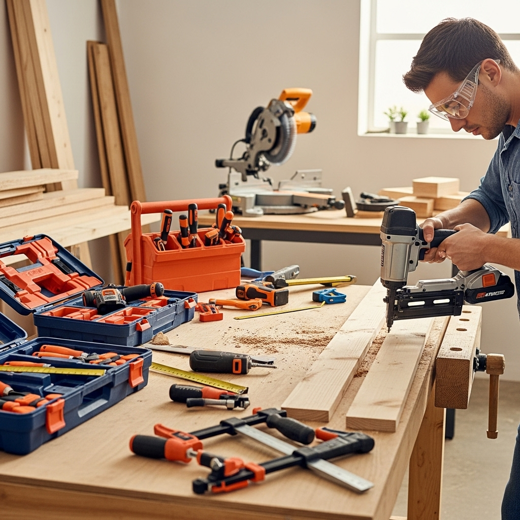 Visually represent the woodworking and DIY tool theme in a bright, modern, and relatable setting —