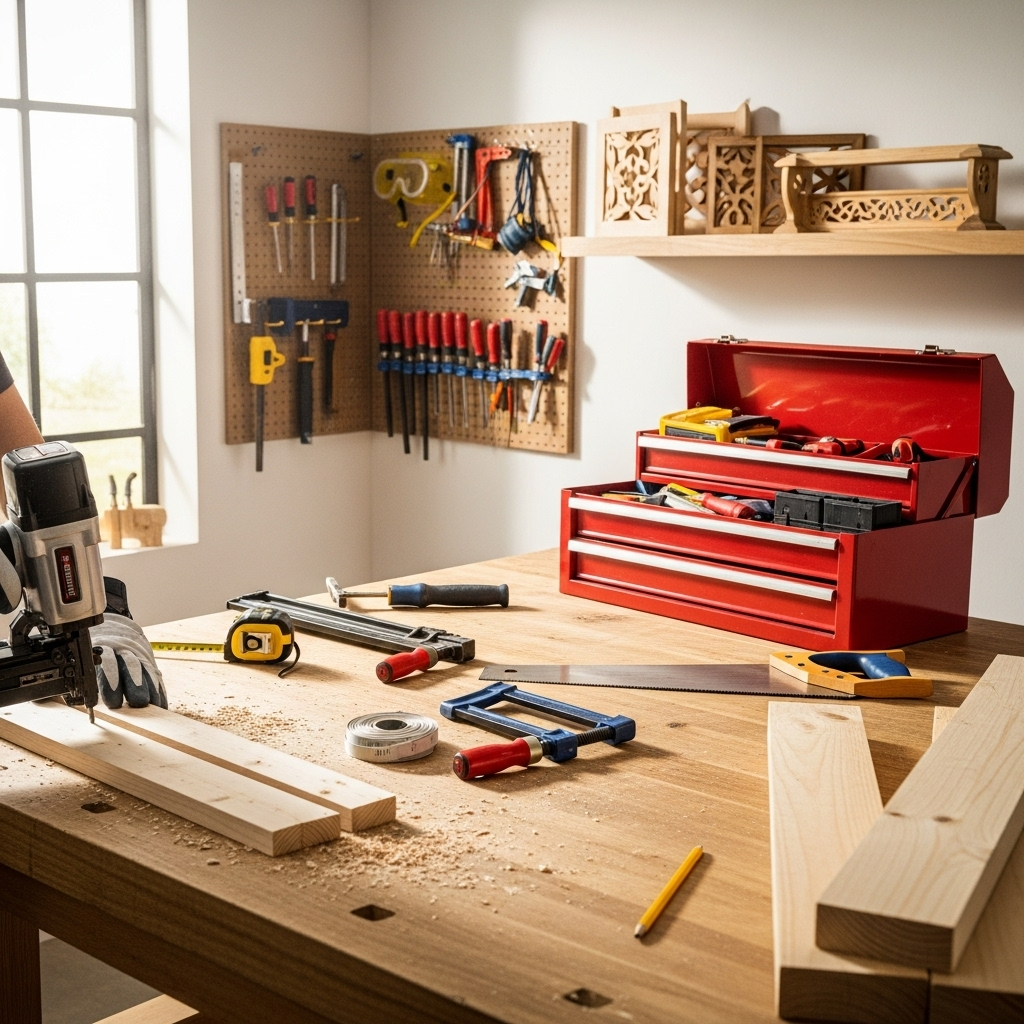 Visually represent the woodworking and DIY tool theme in a bright, modern, and relatable setting —