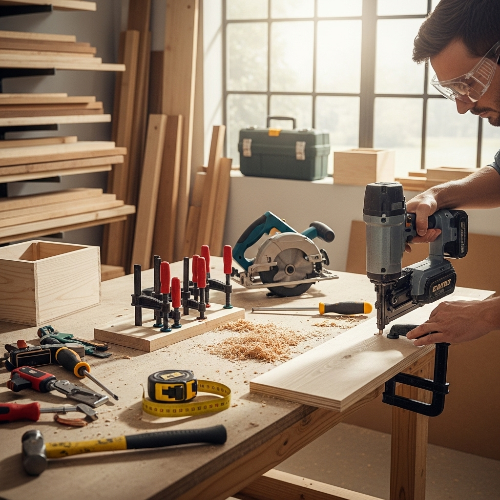 Visually represent the woodworking and DIY tool theme in a bright, modern, and relatable setting —