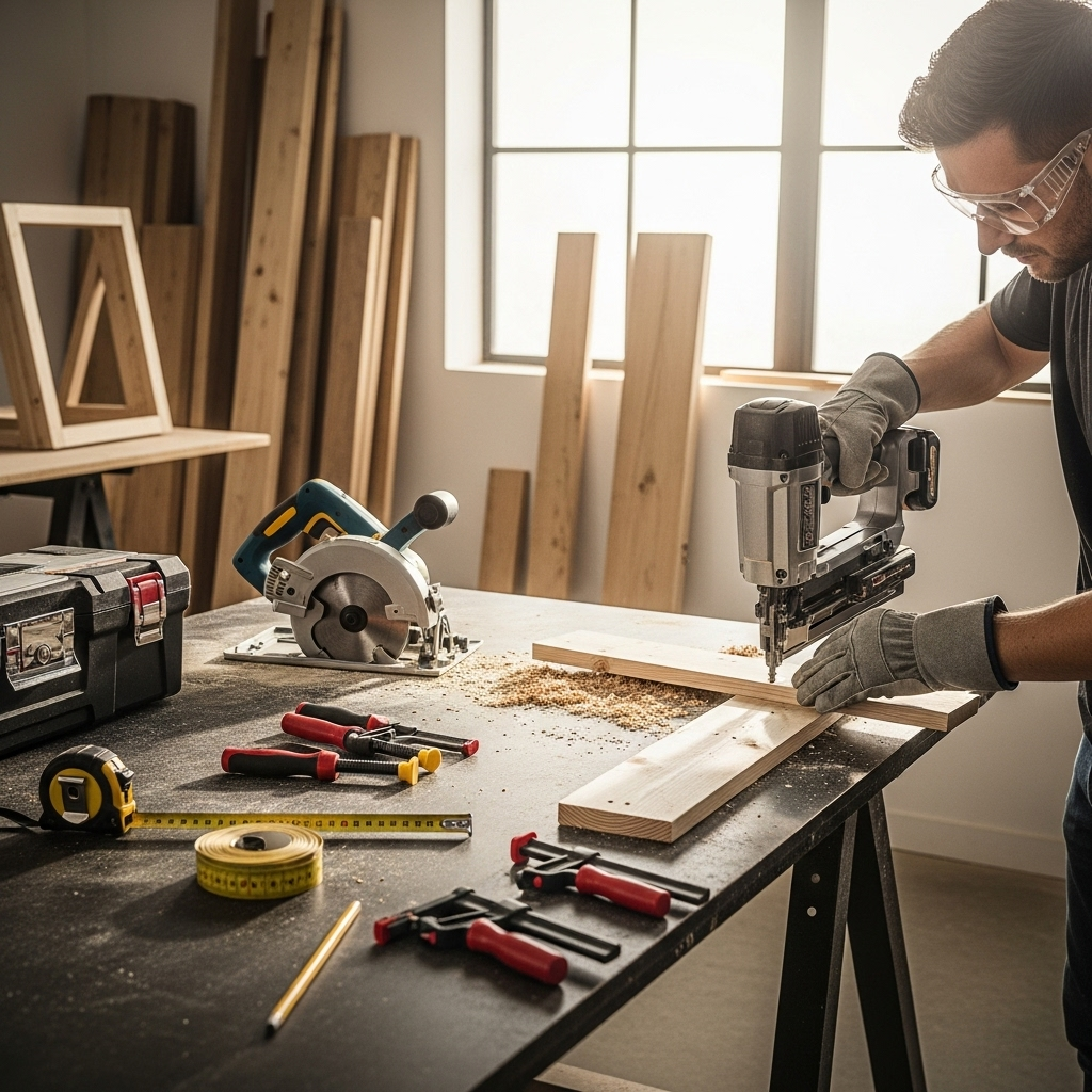 Visually represent the woodworking and DIY tool theme in a bright, modern, and relatable setting —